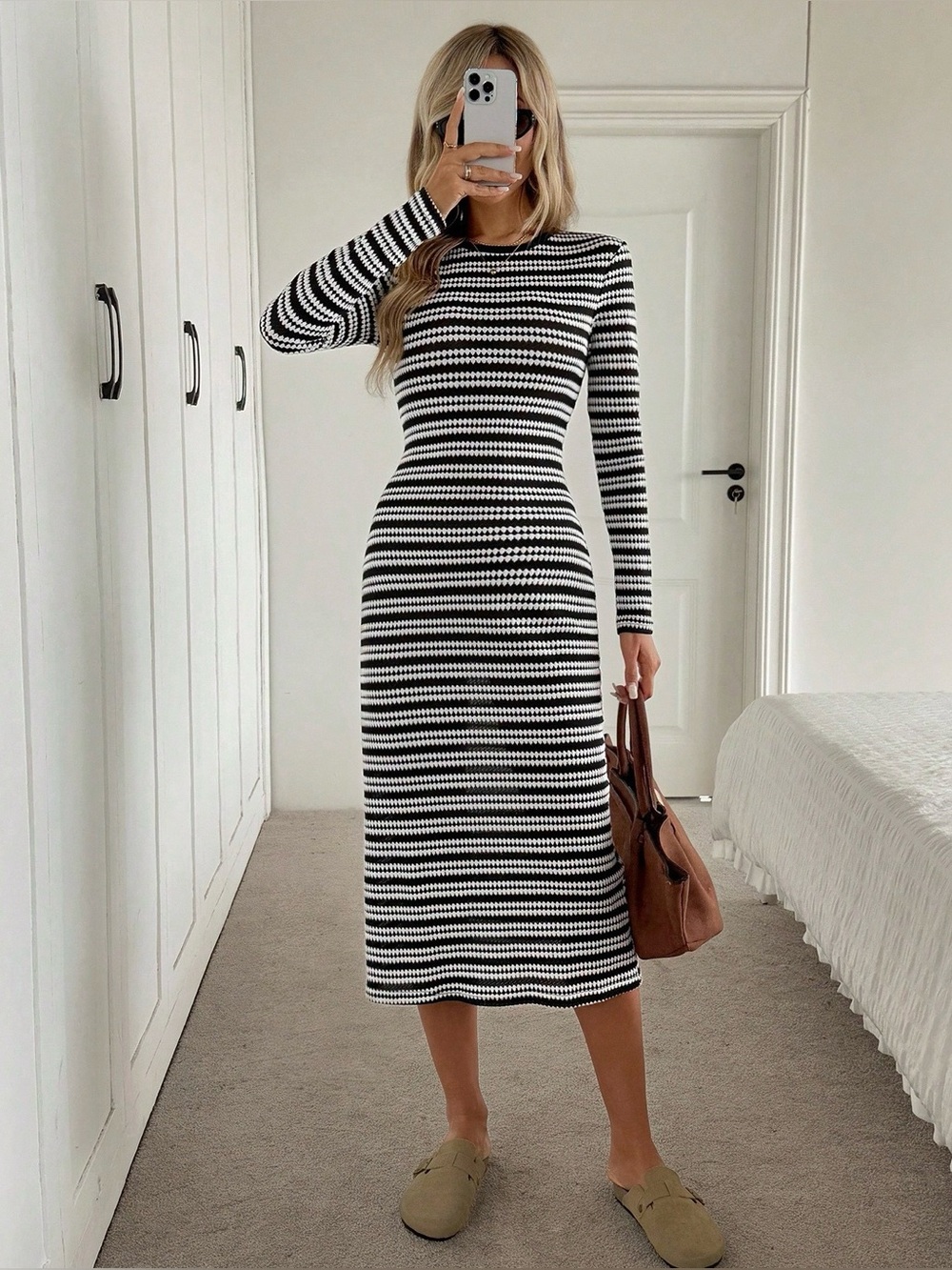 Striped Black and White Long Sleeve Knit Dress